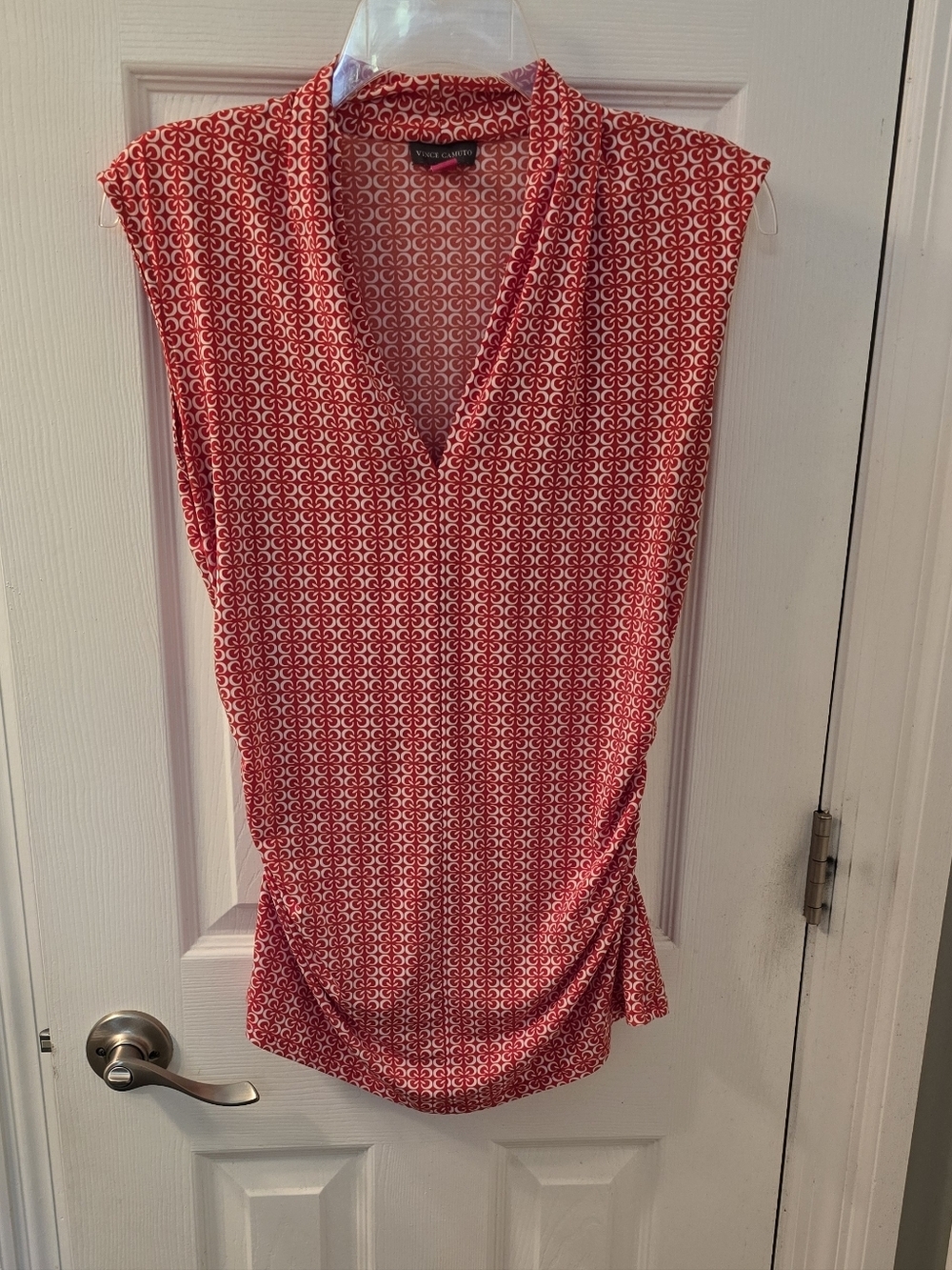 Vince Camuto Red & White Geometric Sleeveless Top, Ruched Sides, Large (#7)